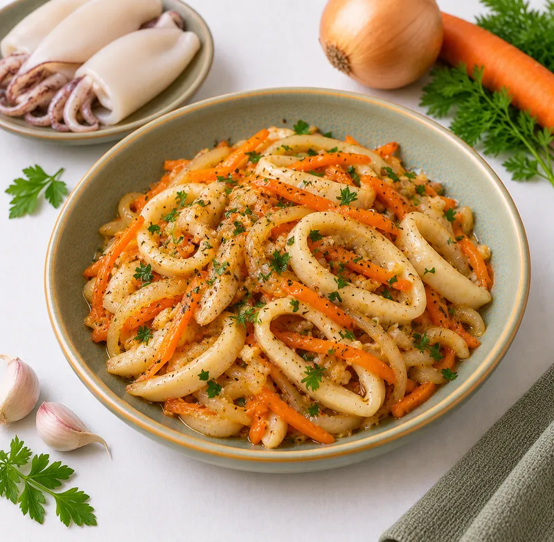 Кальмары с луком и морковью